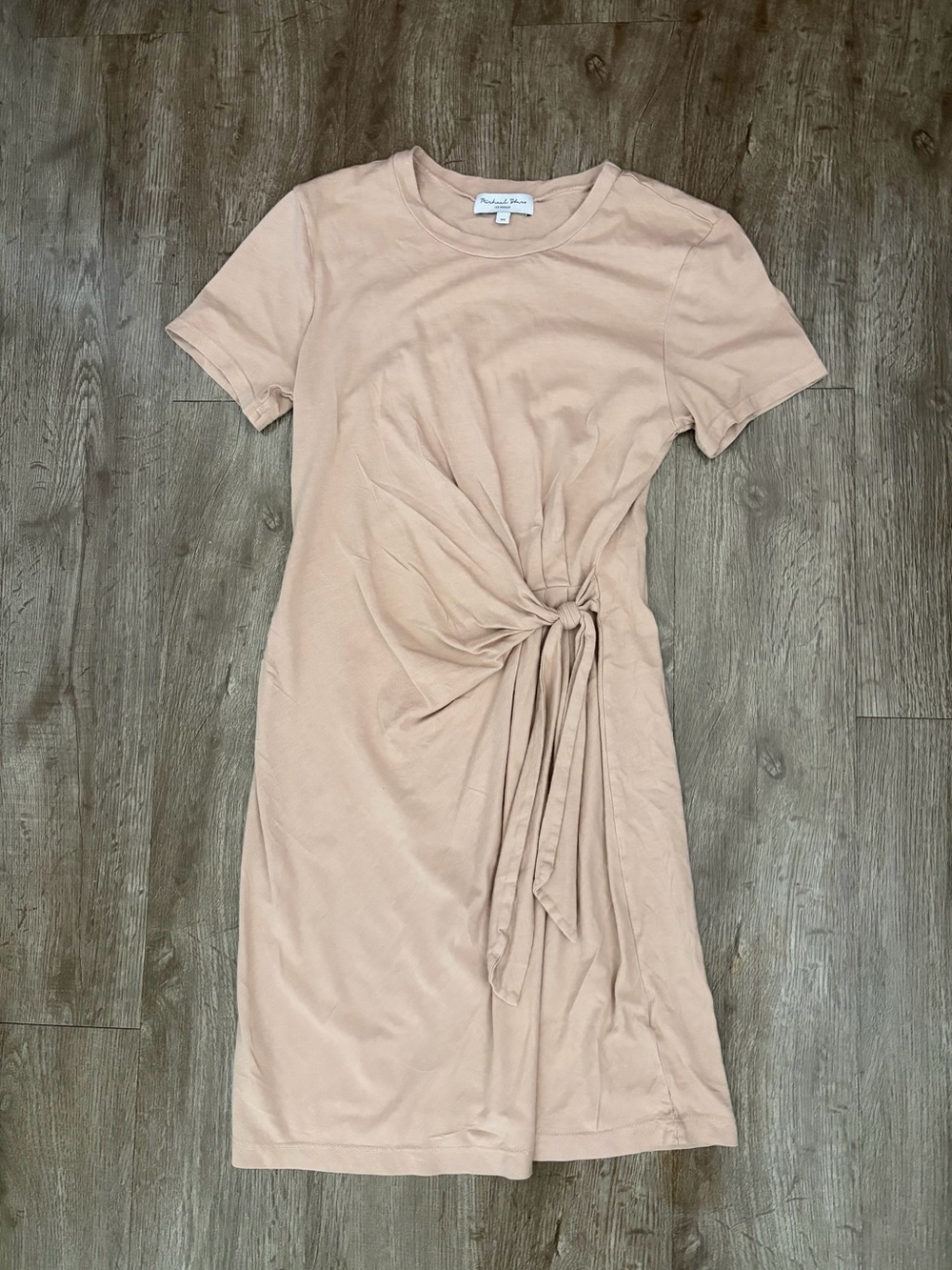 Michael Stars Quiet Luxury Tie-Front T-Shirt Dress XS Tan Beige Short Sleeve